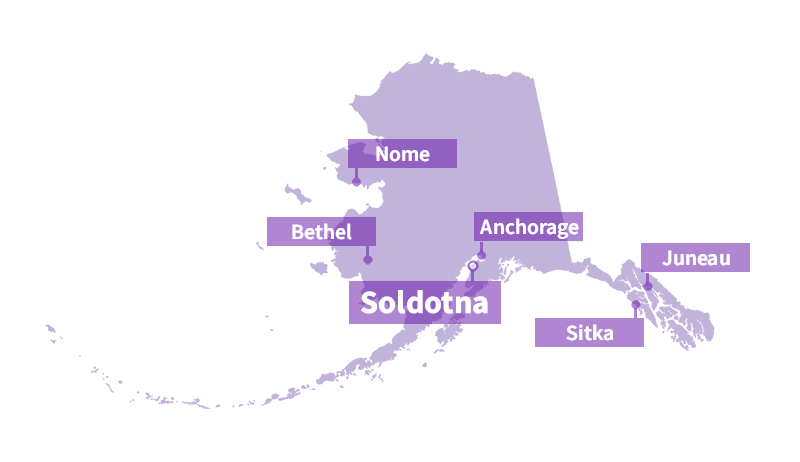 Map of Alaska highlighting Soldotna and key program locations